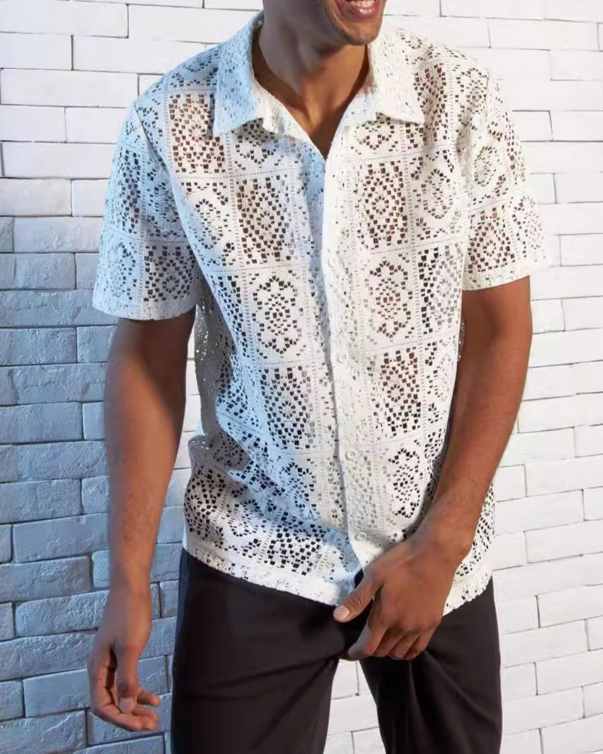 Bearwin - Casual White Open-Knit Shirt for Men