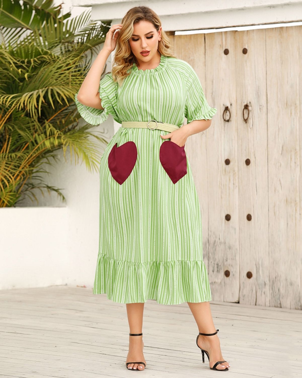 Zyla - Stylish Striped Midi Dress with Heart Pockets for Women