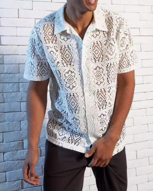 Bearwin - Casual White Open-Knit Shirt for Men